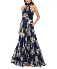 Betsy & Adam Metallic Gown Halter Floral Slit Pockets Formal Navy Silver 8 $289