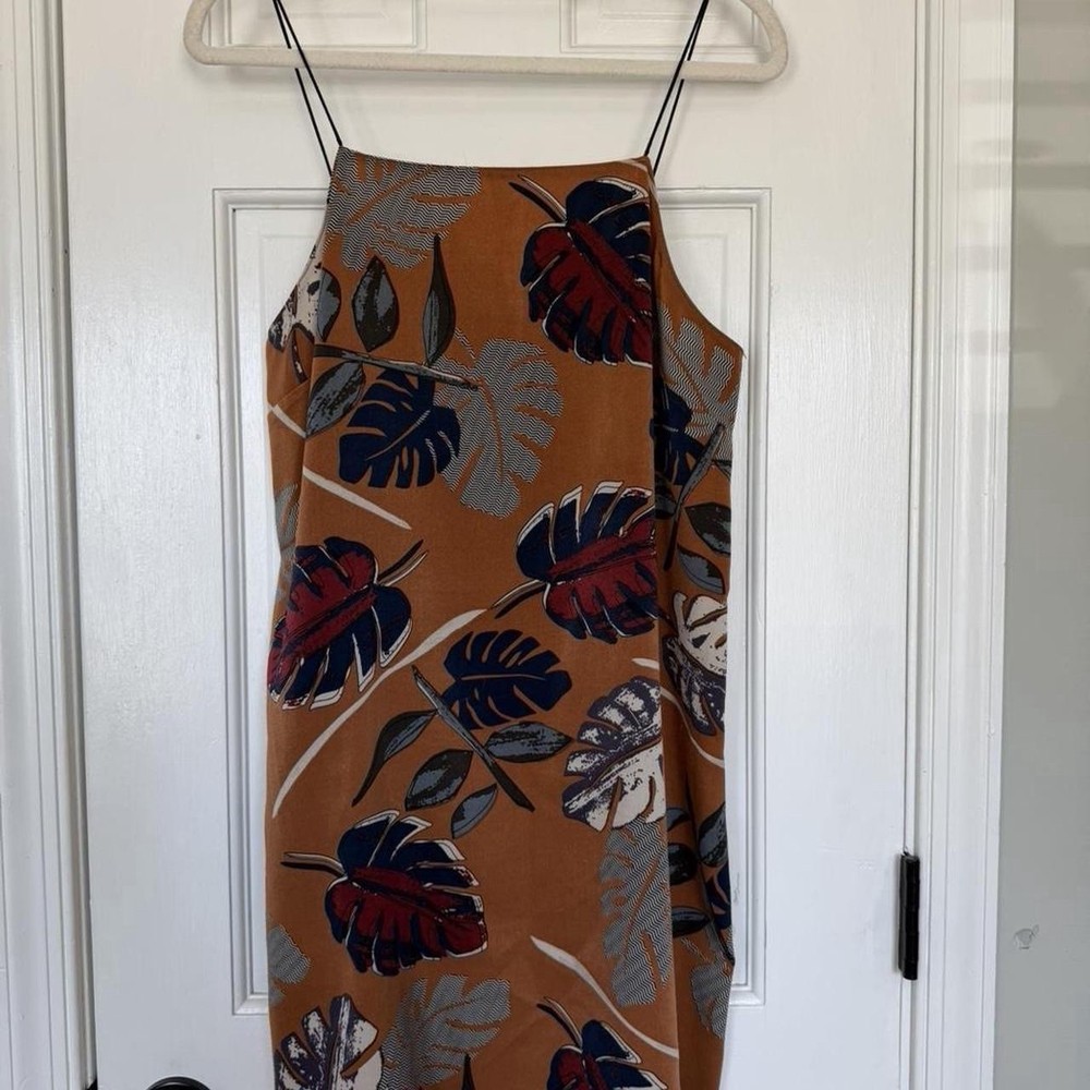 Lush brown/tan/navy floral/leaf pattern spaghetti strap dress size S polyester