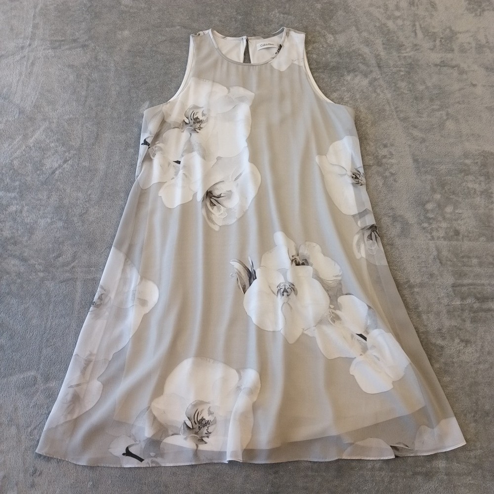 Calvin Klein Shift Dress Size 10 Gray Floral Sleeveless Knee Length Lightweight