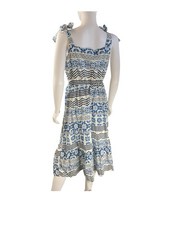 BELLAMBIA Dress XL 97% Cotton Blue Floral White Shoulder Ties Made in Italy