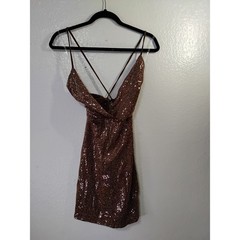 Laqueen Brown Sequin Mini Dress Open Back Lace Up Cocktail Party V-Neck (31)