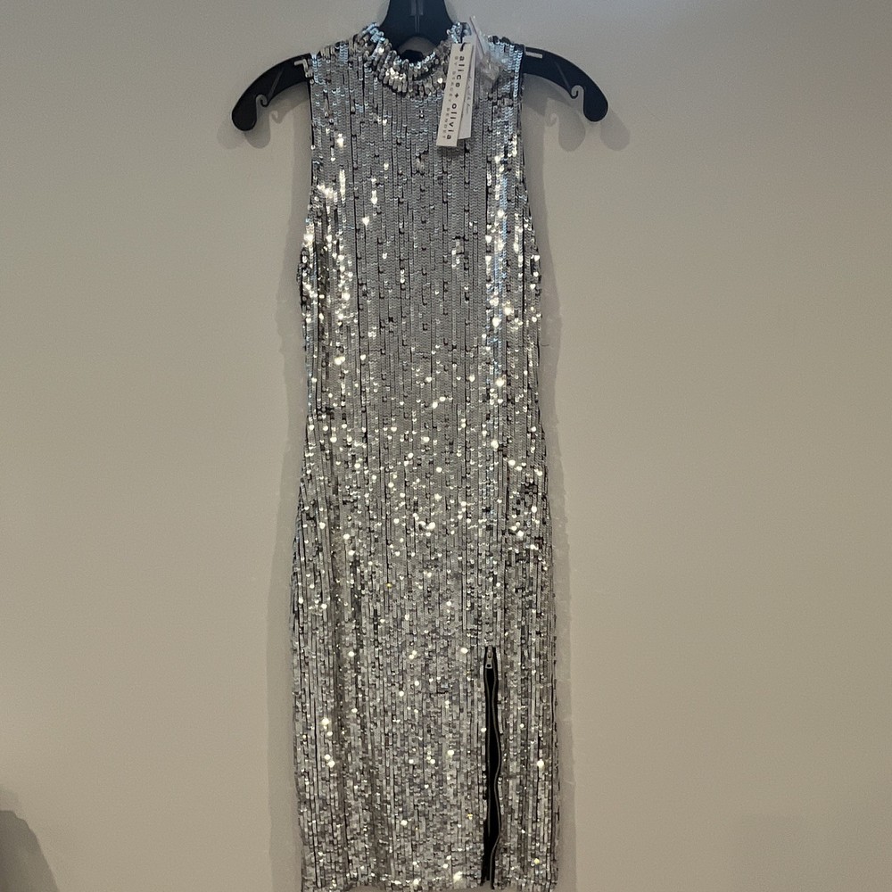 alice + olivia Silver Sequin Sheath Dress High Neck Sleeveless Midi Slit 0