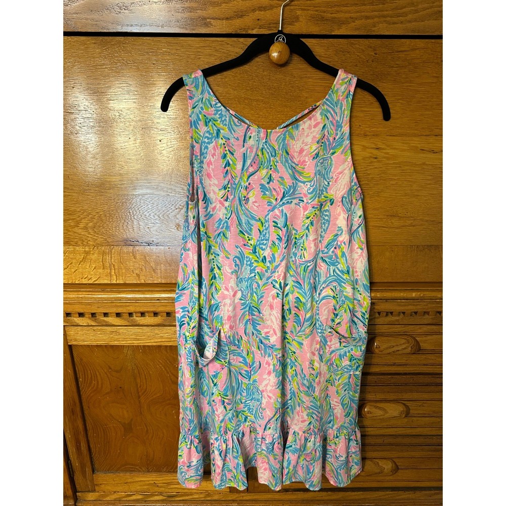 Lilly Pulitzer Tropical Beach Preppy Ruffle Hem Dress Strappy Back Patch Pockets