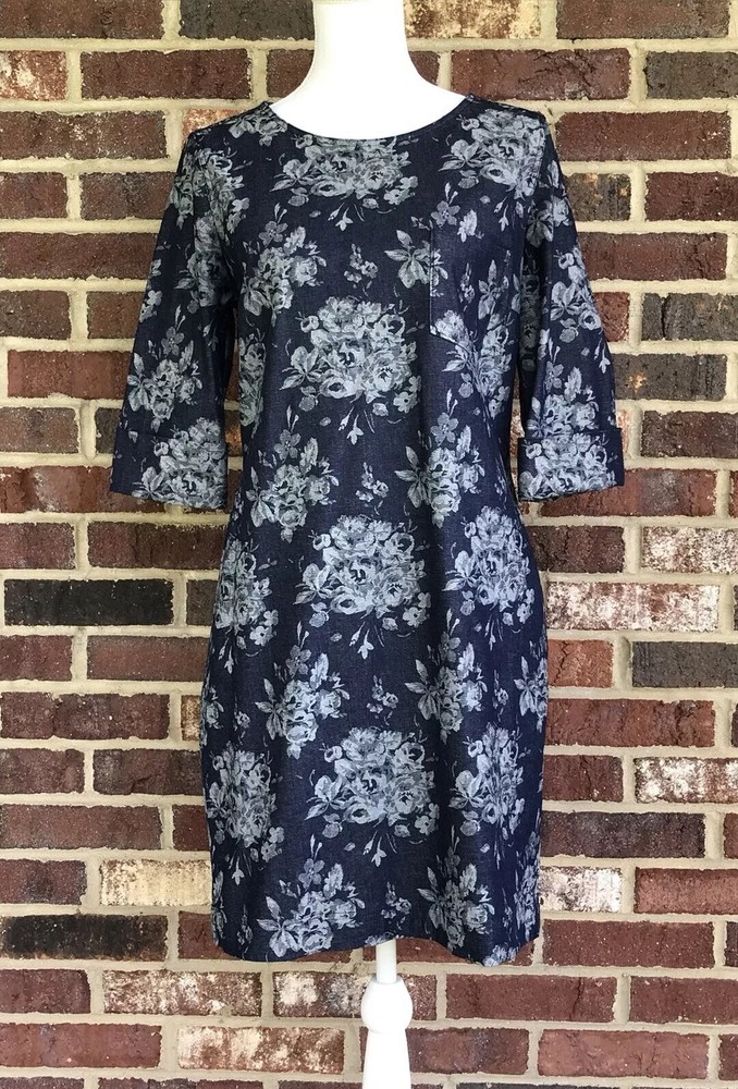 GAP *SIZE 6* ROLL CUFF MEDIUM INDIGO DENIM FLORAL SHIFT DRESS *EUC*