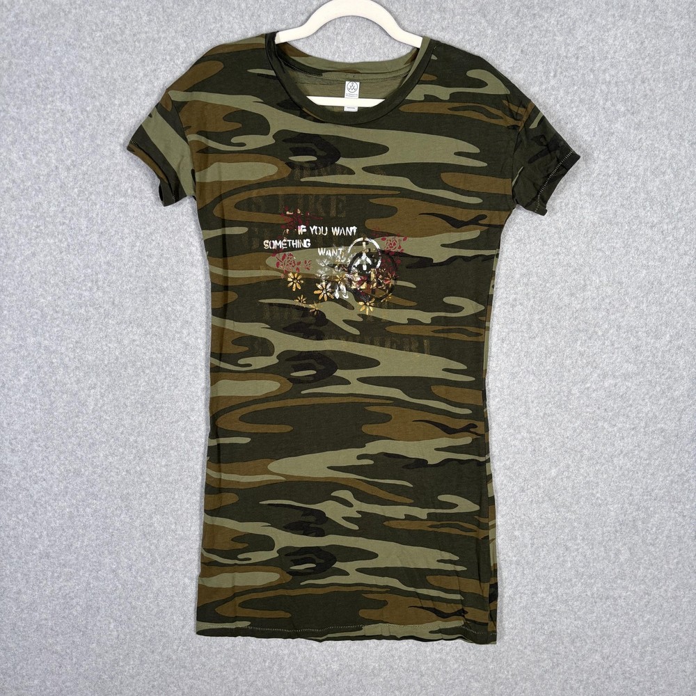 Alternative Apparel Camo Dress Small Stretch Peace Flowers Army Grunge Indie