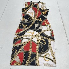 Black White Red Chain Printed Mock Neck Bodycon Dress Women&rsquo;s Size Medium