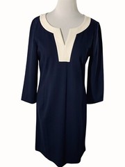 Talbots Knee Length Ponte Knit Dress Navy Off White Vneck Quarter Sleeve NEW 8