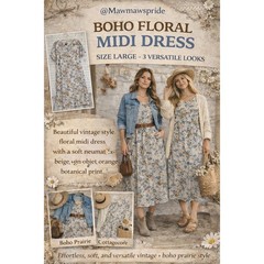 Boho Floral Midi Dress Womens Large Beige Orange Blue Botanical Prairie Vintage