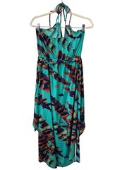 Glam Printed Halter High Low Dress Size Small Sleeveless Turquoise Multi Summer