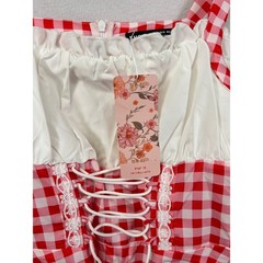 Mod Red Gingham Off Shoulder Lace Up Puff Sleeve Dress Size S NWT