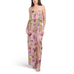 Jewel Badgley Mischka Metallic Purple Floral Strapless Chiffon Dress Size 4 $218