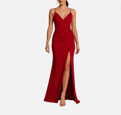 Emerald Sundae Red Spaghetti Strap Long Maxi Formal Gown Ruching Slit Medium