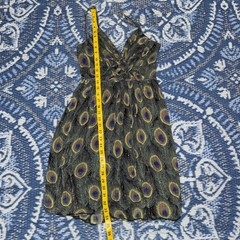 Pura Vida Peacock Feather Print Mini Dress Gold Metallic Cotton Green Blue Sz 6