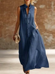 Women Stand Collar Frog Button Linen Sleeveless Loose Maxi Dress