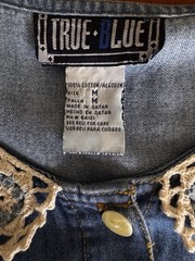 Sz M Denim Jean Maxi Dress Macrame Doilie Button Collared 100% Cotton Cottage