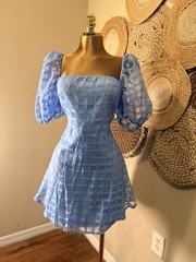 PrettyLittleThing Blue Check Square Neck Puff Sleeve Lined Mini Dress US 12