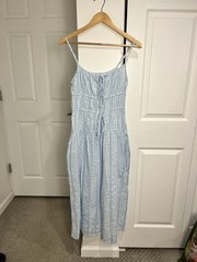 Sim & Sam Blue White Gingham Smocked Double Bow Tie Midi Dress Cottagecore Sz M
