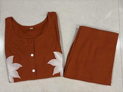 Women Cotton Flex Embroidered Co Ord Set Brown Shirt Top Wide Leg Pant Outfit