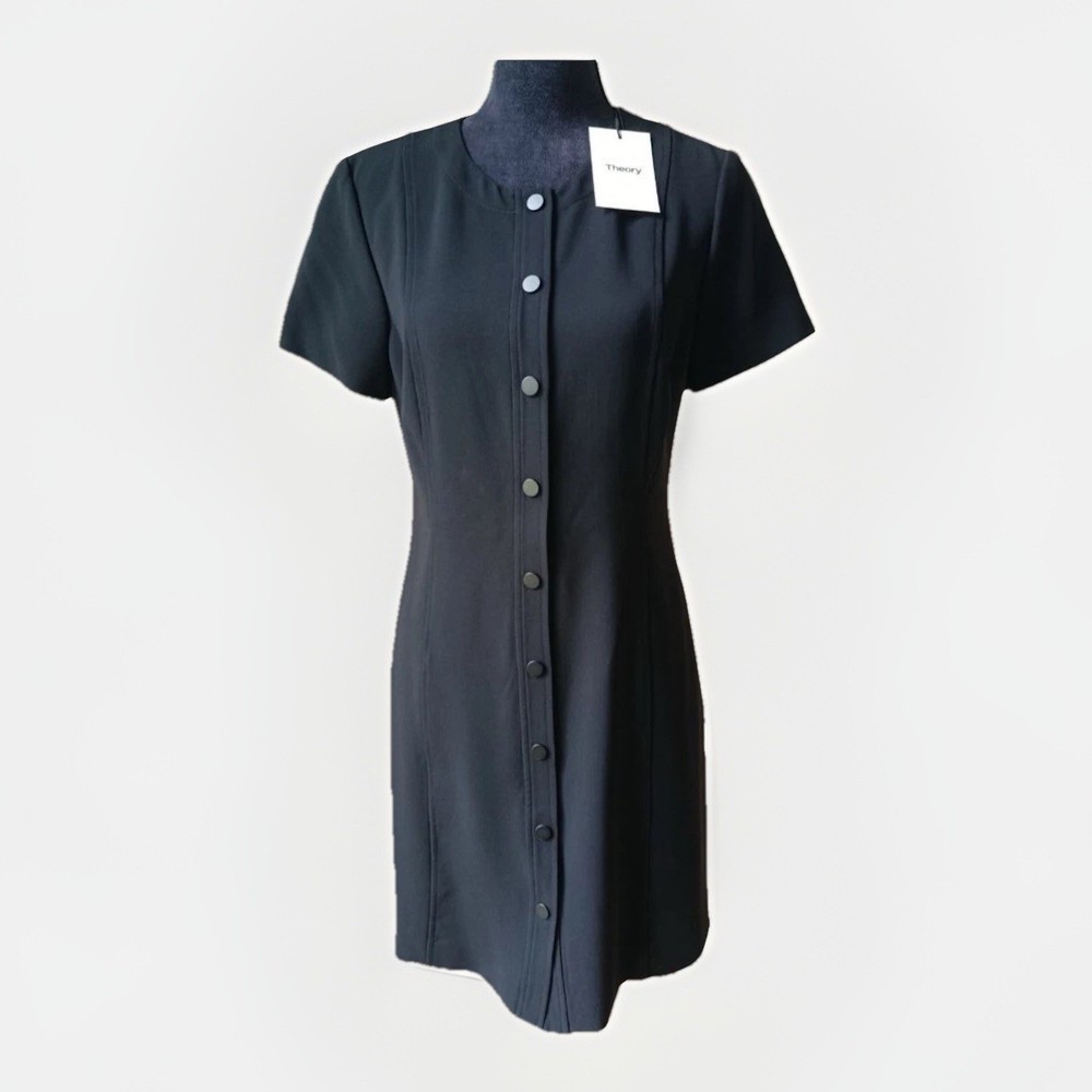 NWT Theory Easy Snap Open Front Shift MiniDress in Black Size M Short Sleeve