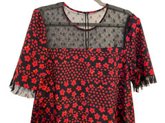 BCB Generation Dress Women L Red & Black Floral with Lace Detail Cottage Fairy