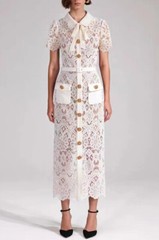 Self-Portrait Polyester Lace Collared Short Sleeve Midi Dress for Women White