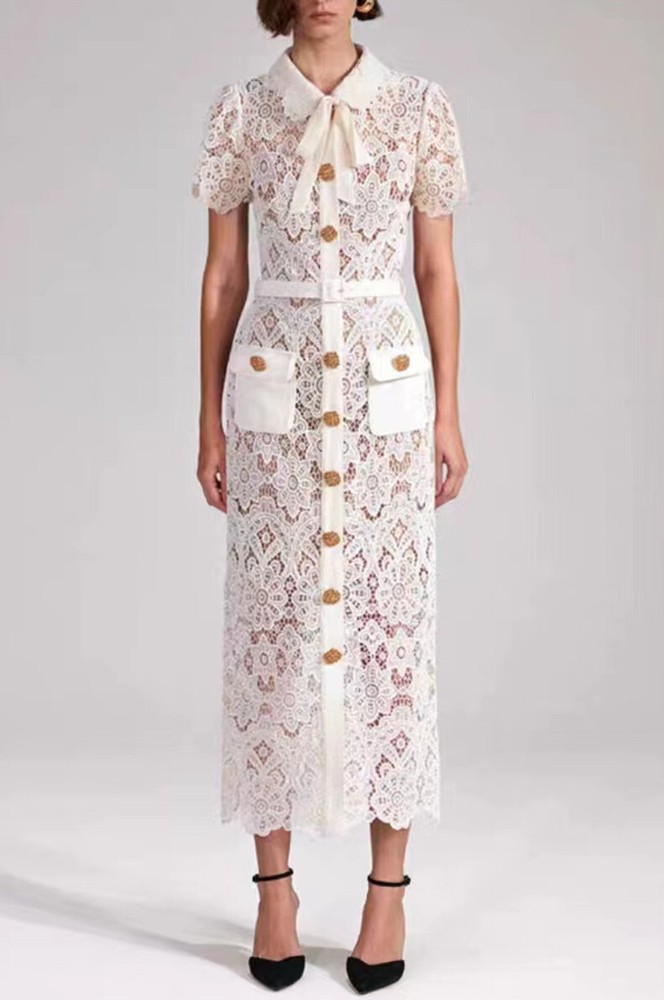 Self-Portrait Polyester Lace Collared Short Sleeve Midi Dress for Women White