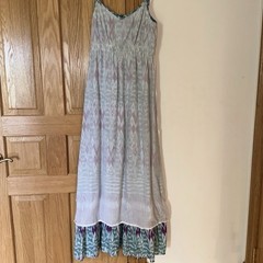 World Market Teal Purple White Geometric Maxi Dress Spaghetti Straps Ruffle S/M