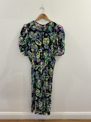 Husk Black Rainbow Painted Floral Midi Dress With Keyhole Neck Line Size 16