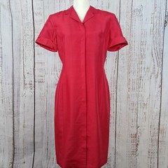 Vintage 90s August Silk 6 Red 100% Silk Fitted Shirt Dress Sheath Midi Tailored