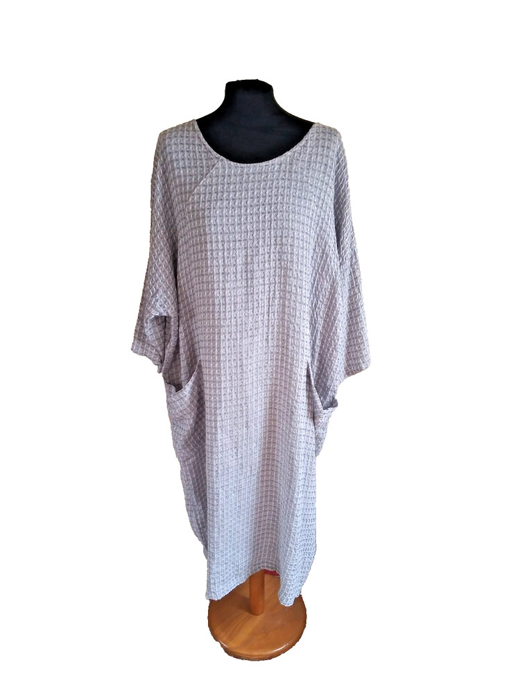 Sahara Waffle Linen Lagenlook Dress Grey M/L Oversized Pockets Relaxed Fit