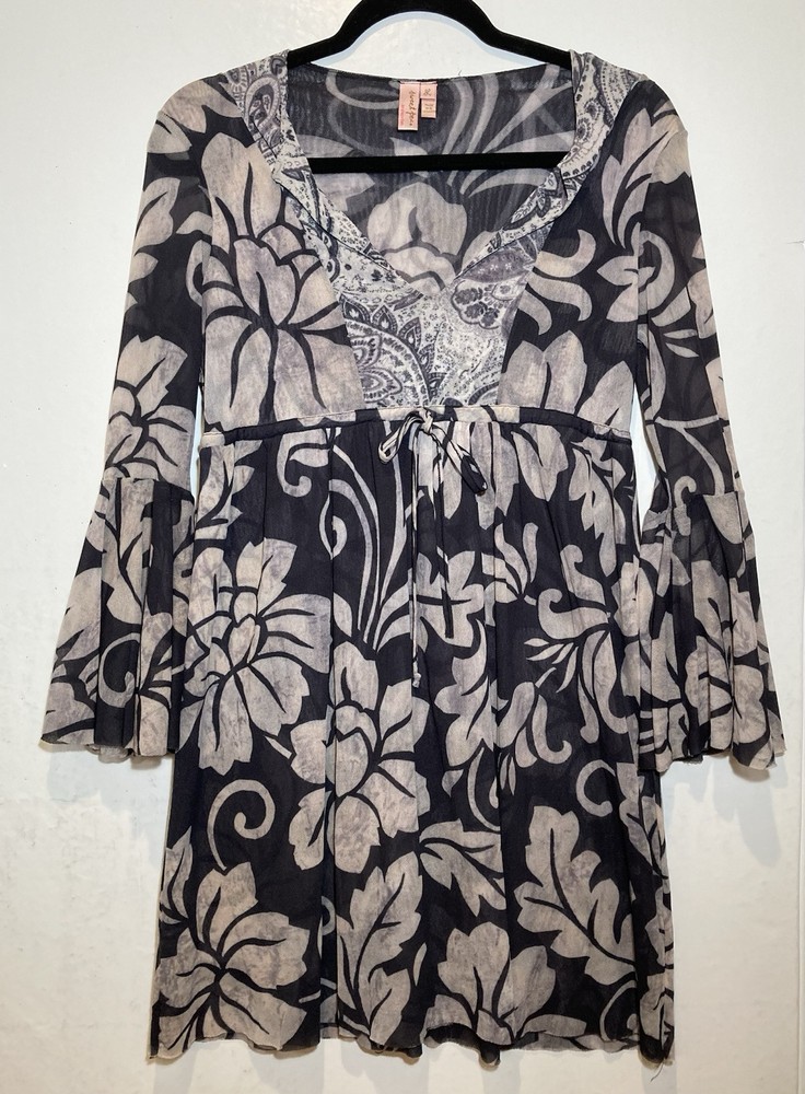 Sweet Pea by Stacy Frati Babydoll Mini Dress Sz L Floral Mesh Bell Sleeve Fairy