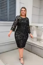 Party Dress Plus Size Ladies Midi Sequin Mesh Long Sleeve Lace Elegant Bodycon L