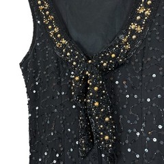 Stenay Silk Beaded Sequined Bow Low Back Long Evening Dress Black Gold Size 4