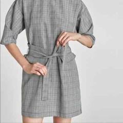 Zara Basic Collection Short Dolman Sleeve Mini Dress Gray Glen Plaid Belted Sz M