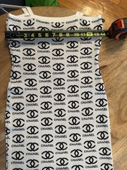 CHANEL White/Black Logo Knit Bodycon Midi Dress Spaghetti Strap Square Neck S