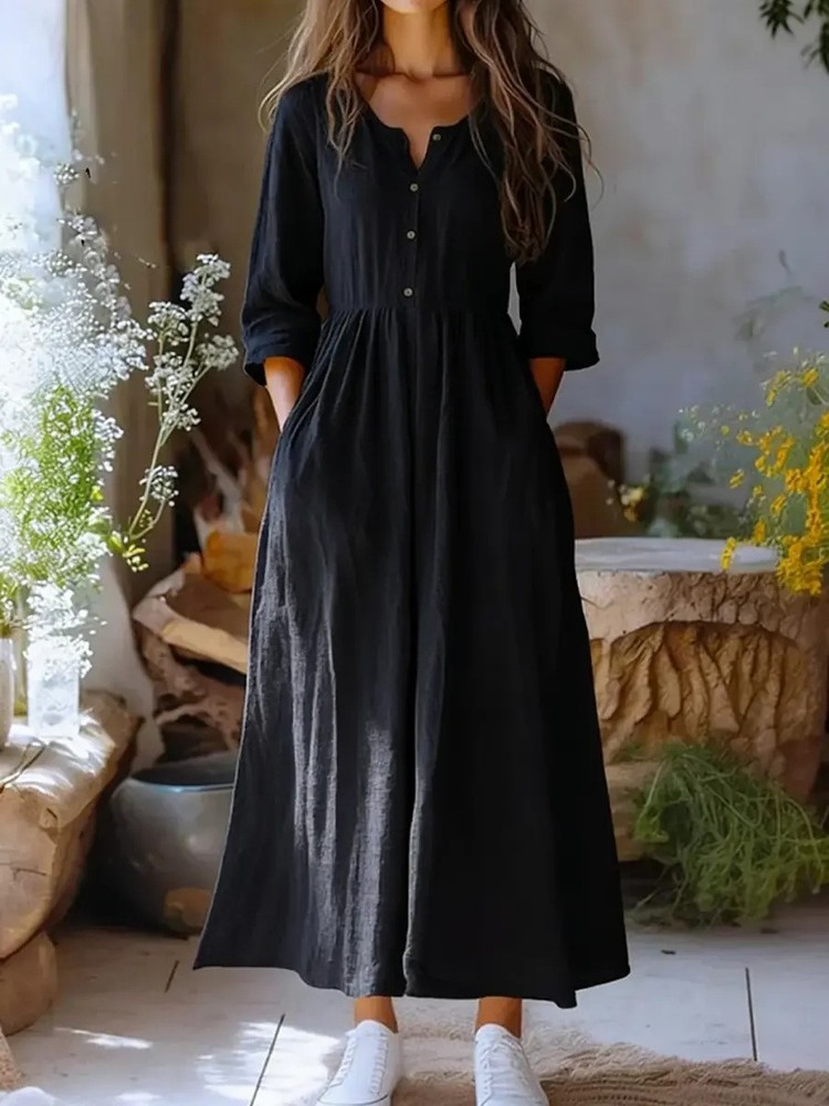 Womens Solid-color Long-sleeve Retro Cotton-linen Dress