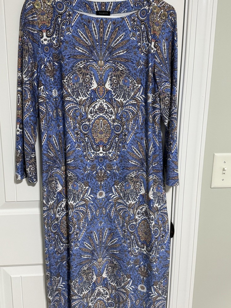 Talbots Blue Brown Paisley Shift Dress 3/4 Sleeve Boat Neck Button Accent L