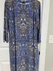 Talbots Blue Brown Paisley Shift Dress 3/4 Sleeve Boat Neck Button Accent L
