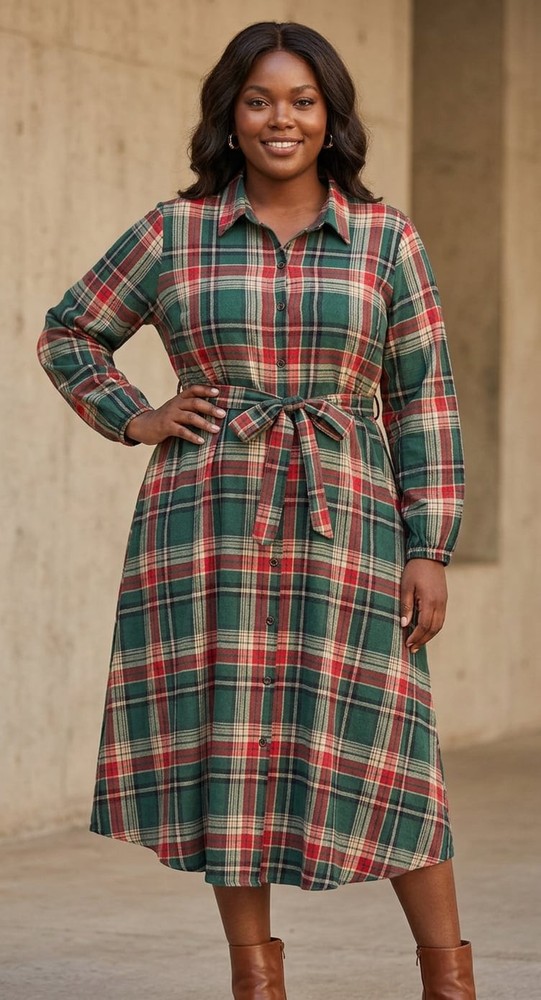 BloomChic Plaid Button Detail Pocket Belted Arc Hem Shirt Dress