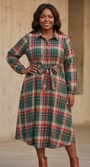 BloomChic Plaid Button Detail Pocket Belted Arc Hem Shirt Dress