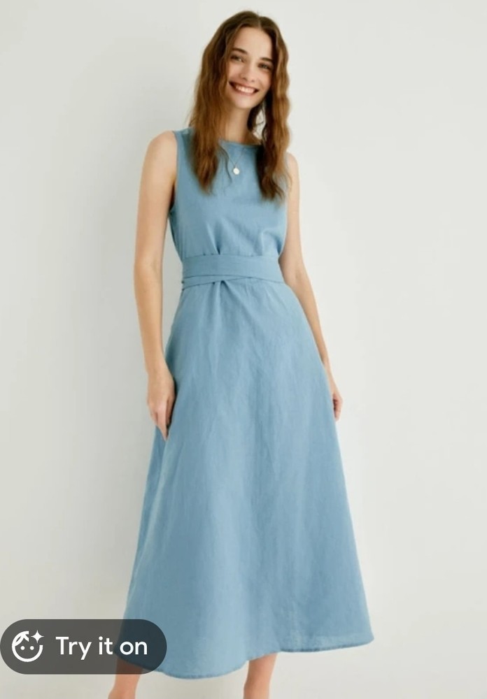 Grae Cove Cleo Medium M Unlined Linen Sleeveless Midi Dress With Pockets