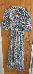 NEXT WHITE BLUE RED MULTI CALF WRAP DRESS 12 SHORT SLEEVE LINEN MIX