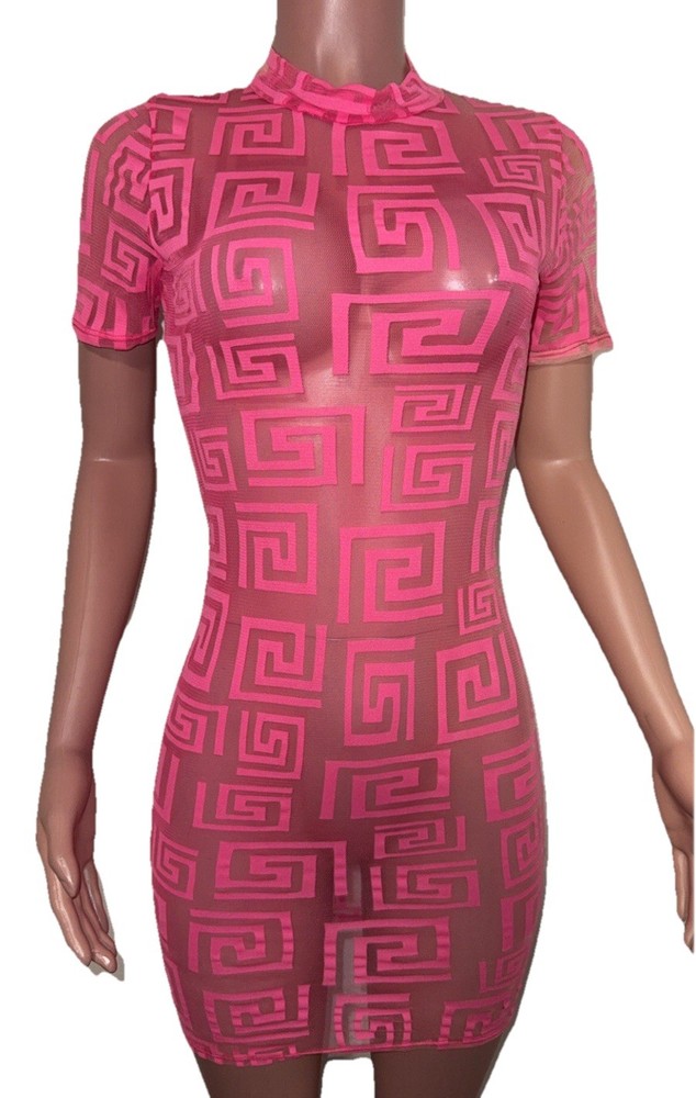 Pink Semi-sheer Mesh Geometric Mini Dress Cover-up Going Out M Poolside Beach