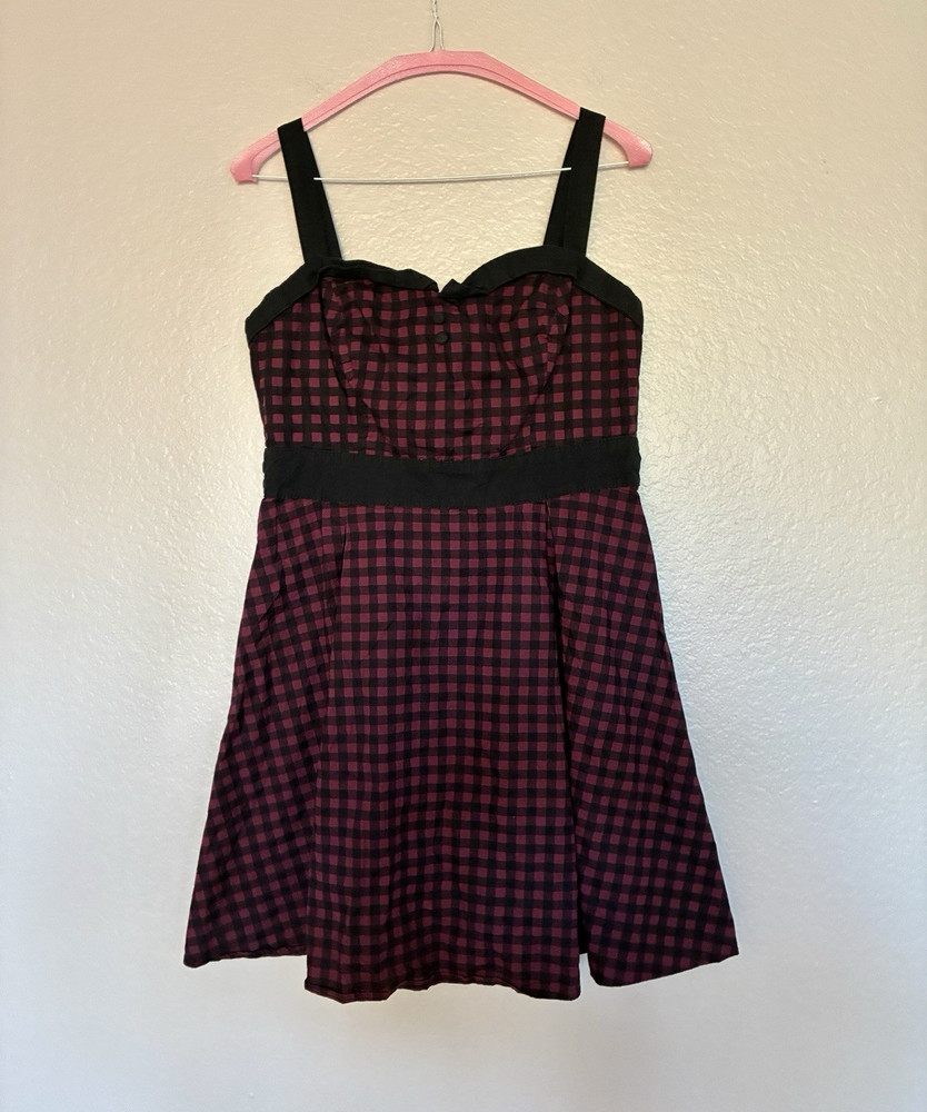 Hot Topic Size L Black Maroon Checked Babydoll Dress Buttons Y2K Grunge Alt