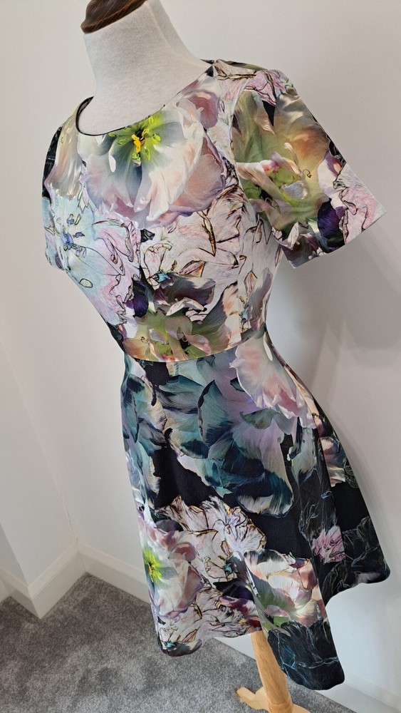 COAST – Purple Floral Patterned Structured Cotton Fit & Flare Dress – Size 10