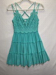 Feminine Lace Trimmed Flowy Tiered Whimsical Fairy Dress, Aqua Green, Sz Large