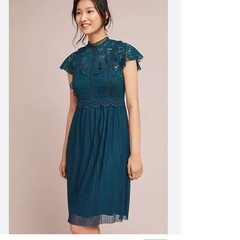 Feather Bone Anthropologie Greenwich Teal Blue Lace Pleated Mesh Dress 10