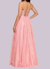 $209 Say Yes Junors&rsquo; Illusion-Front Lace-up-Back Glitter PROM Gown Size5/6 Blush