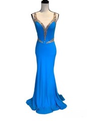 Xcite Turquoise Blue Embellished Beaded Illusion Jersey Gown Size 6 $399 Prom