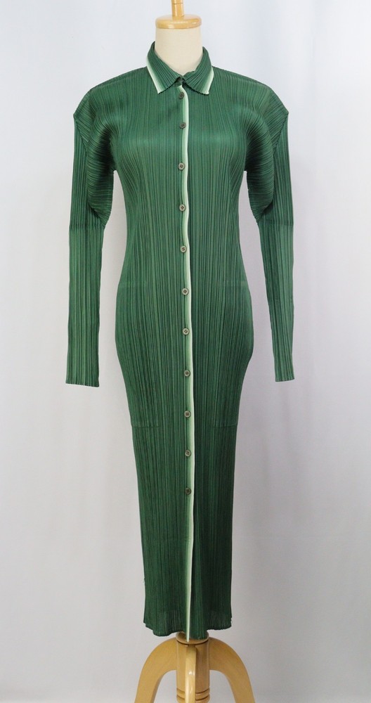 Authentic PLEATS PLEASE Green Dress Long Jacket ISSEY MIYAKE 250 0270a
